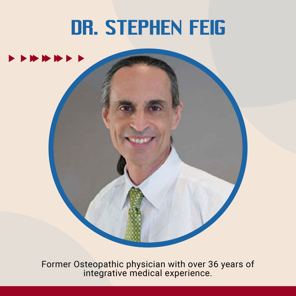 Profile graphic of Dr. Stephen Feig highlighting his background as a former osteopathic physician with over 36 years of integrative medical experience, alongside a professional portrait